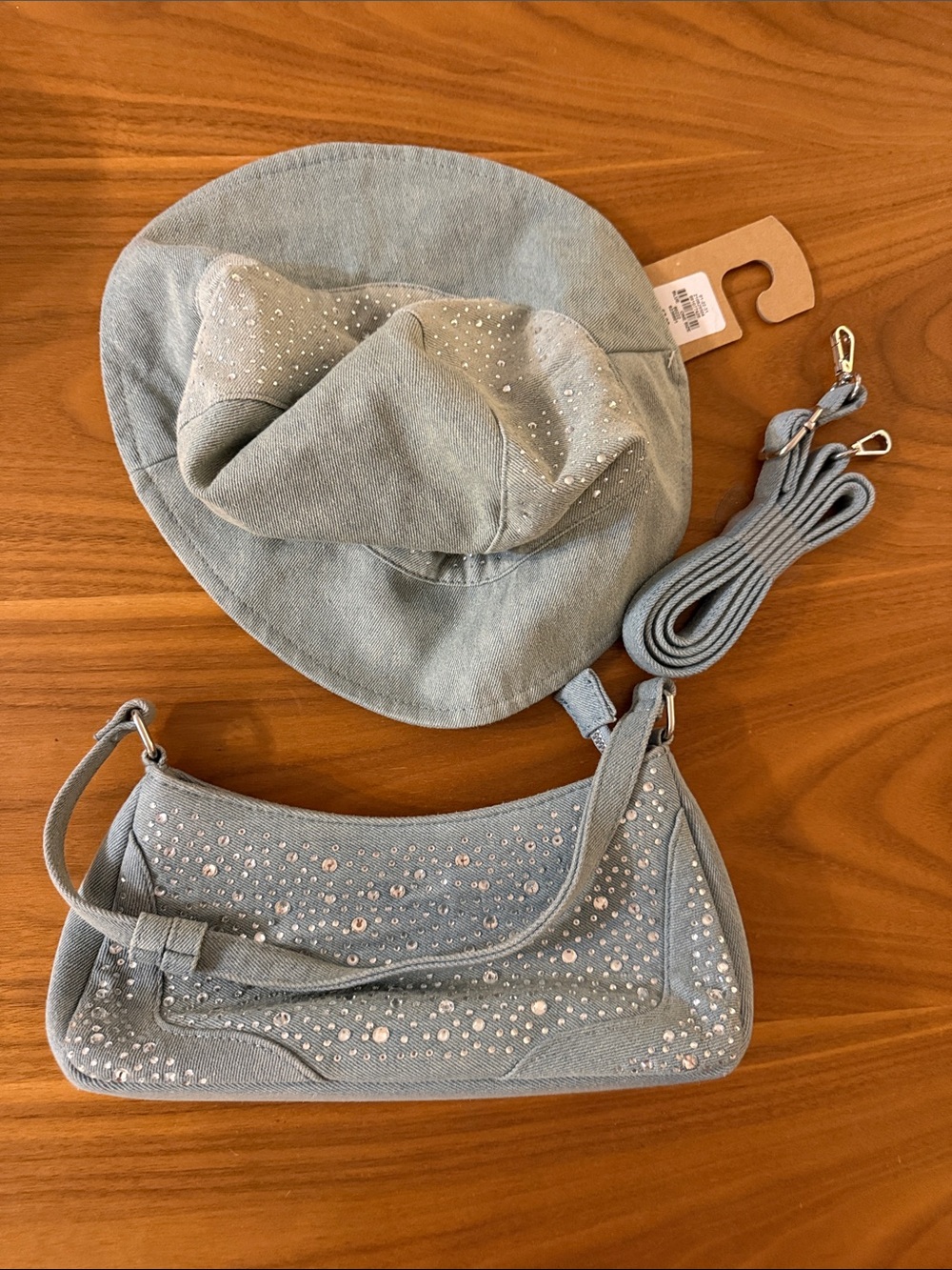 Light Blue Hat and Crossbody Bag Set with Rhinestones